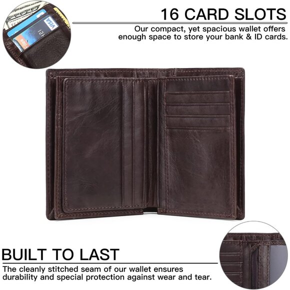 🆕Men's Coffee Leather RFID Bifold Wallet Large Capacity Credit Card Holder - Picture 4 of 6